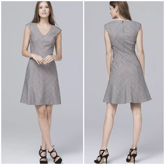 White House Black Market Black and Cabernet Plaid A-Line Fit Flare Dress 4 P - Picture 1 of 13